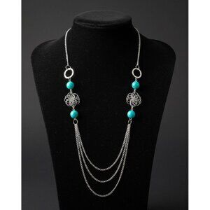 Silver Multi-Strand Layered‎ Statement Necklace | Turquoise Beads & Wire Flowers